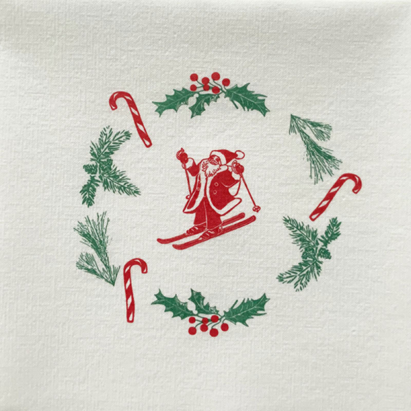 Paviot Sapin, Pere Noel. Weihnachtsmannweiß mit Tannenbaum bedruckt, rot.gruen,